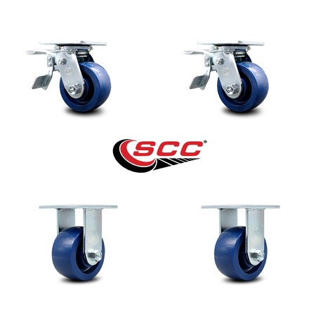 Service Caster 4 Inch Solid Polyurethane Caster Set with Ball Bearings 2 Brakes 2 Rigid SCC SCC-TTL30S420-SPUB-2-R-2